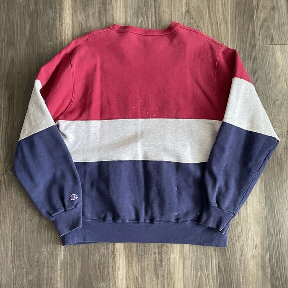 Vintage Champion Sweatshirt Mens Size L Colorblock Script Logo USA 1980s Worn - Picture 6 of 7